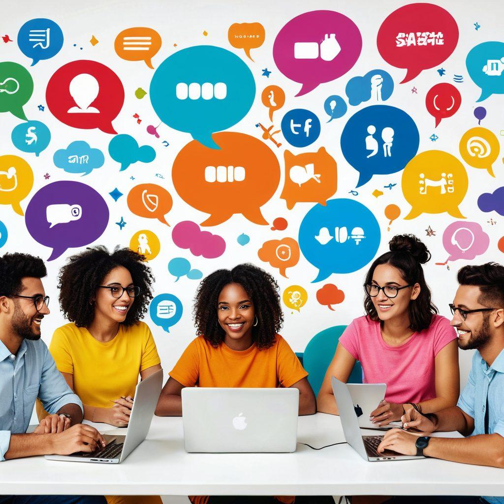 A diverse group of bloggers collaborating online, surrounded by vibrant digital elements like laptops, social media icons, and colorful speech bubbles. The scene showcases inclusivity and creativity with a warm, inviting atmosphere. Bright colors should depict enthusiasm and community spirit. super-realistic. vibrant colors. white background.