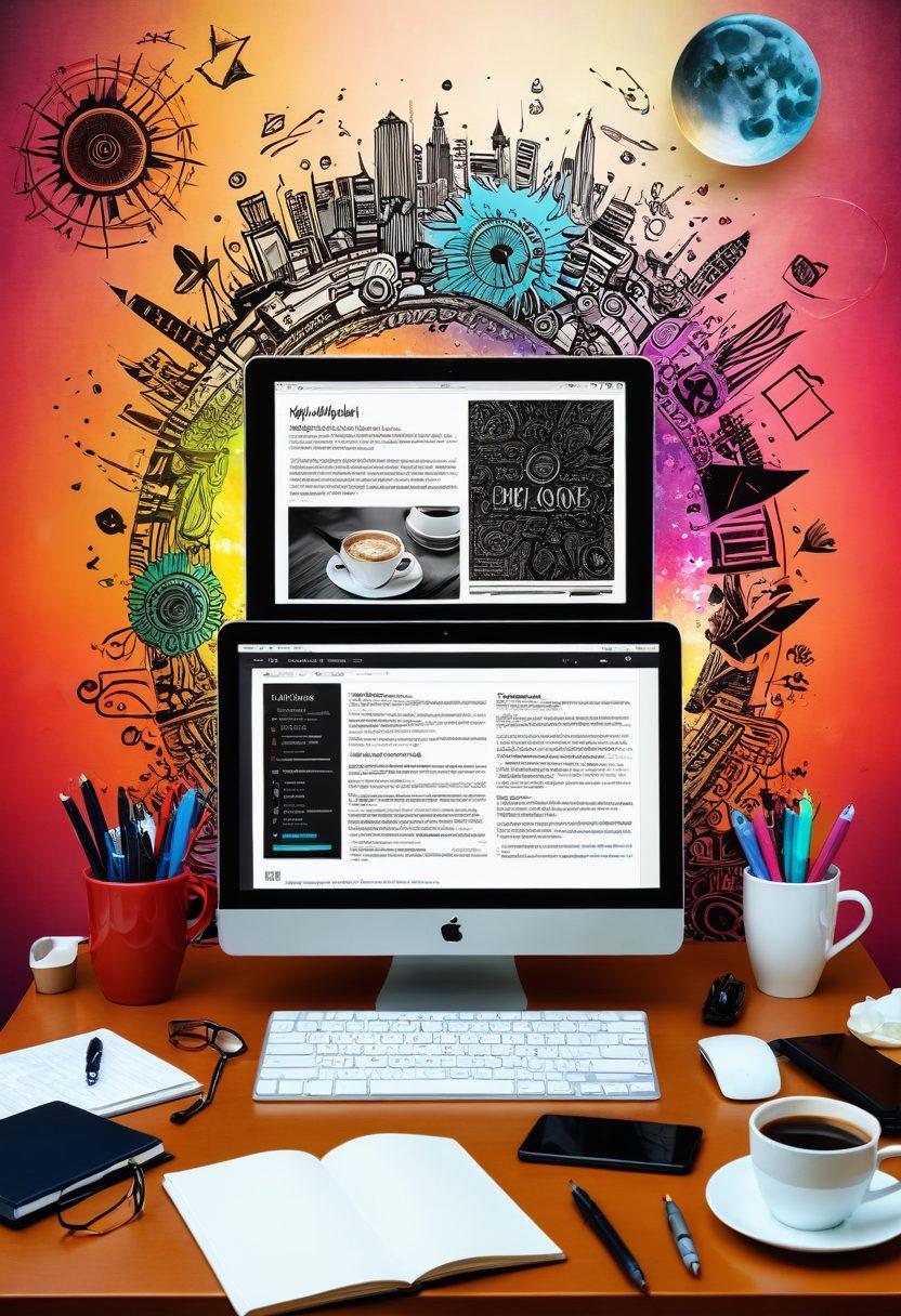 A vibrant collage of a computer screen displaying a lively blog interface, surrounded by creative tools like pens, notebooks, and a coffee cup. Include subtle elements like social media icons and a diverse group of bloggers engaging in discussions. The background should have a warm, inviting atmosphere with bookshelves filled with literature. super-realistic. vibrant colors. digital art.